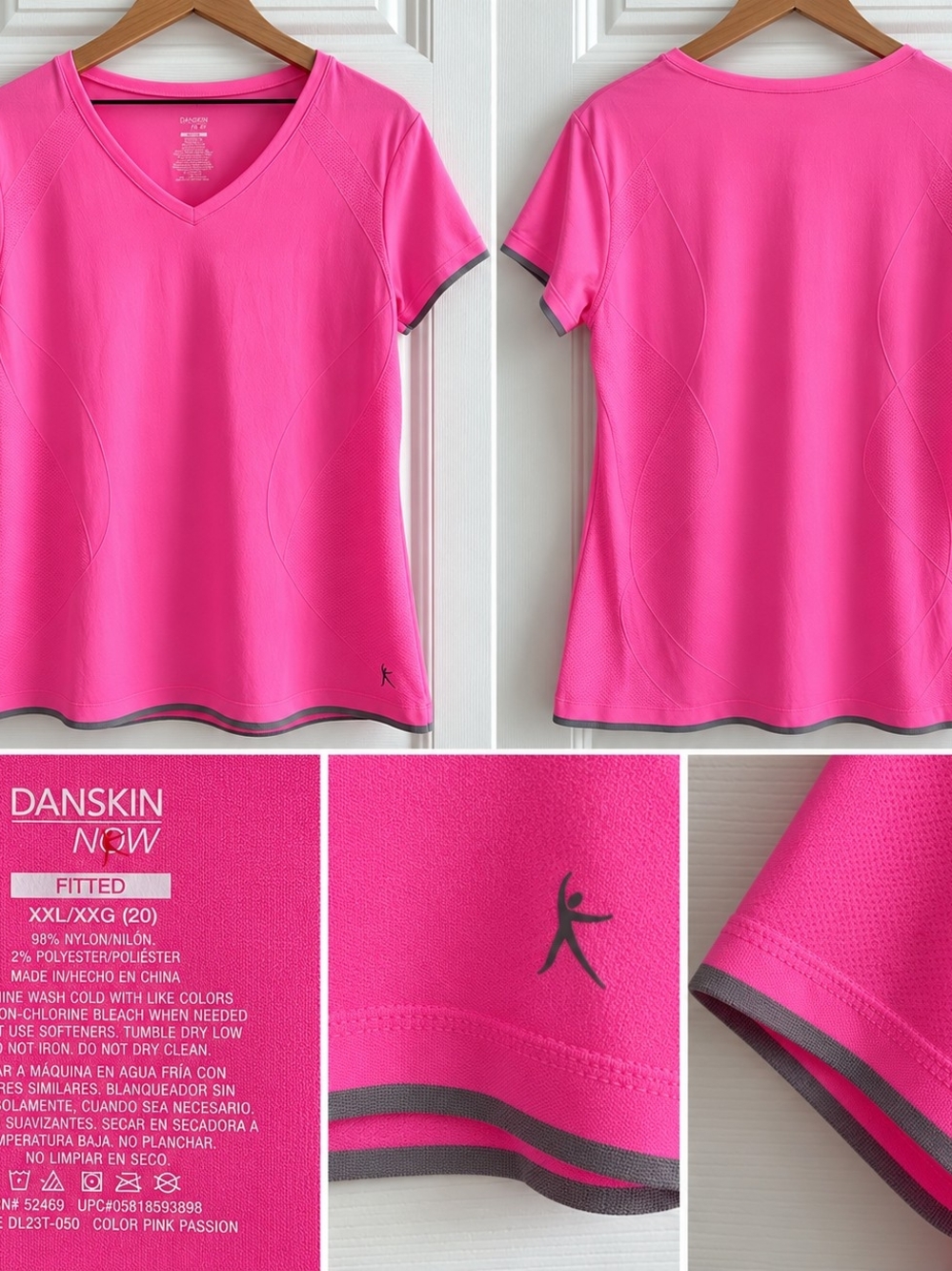 Danskin Now Bright Pink V-Neck Active Tee with Contrast Trim